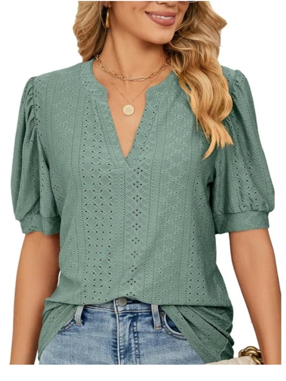 Shibever Blouse Top Green Eyelet Split-V-Neck w/Subtle Notch Short Sleeve L